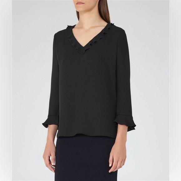 Reiss Black Kelis Long Sleeve Ruffle V-neck Blouse w/ Blue Trim Size 4 - Picture 1 of 16